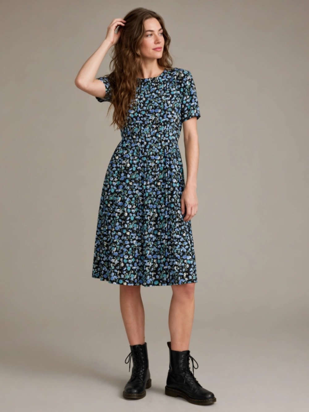 90s Grunge Babydoll Floral Midi Dress in Black and Blue